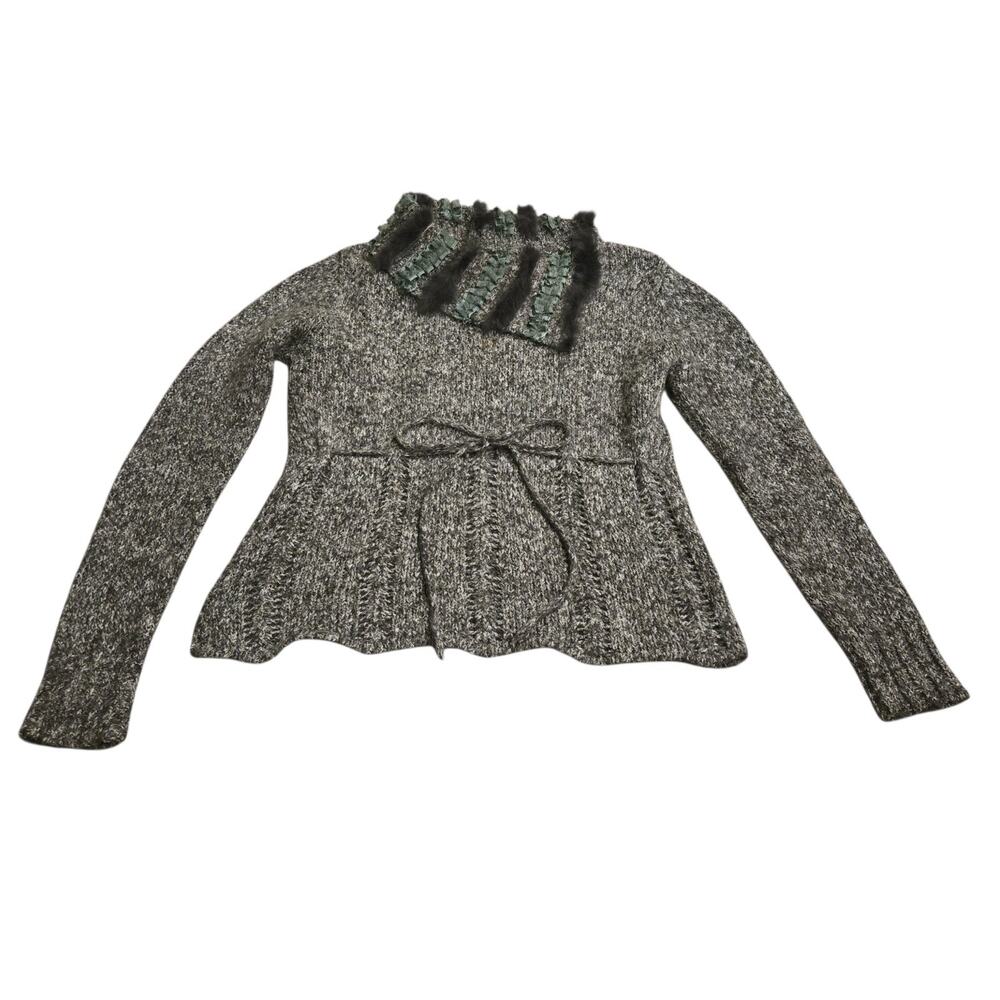 90s Y2K Nado XL Gray Asymmetrical Neck Sweater Fur Trim Cashmere Wool Fairy